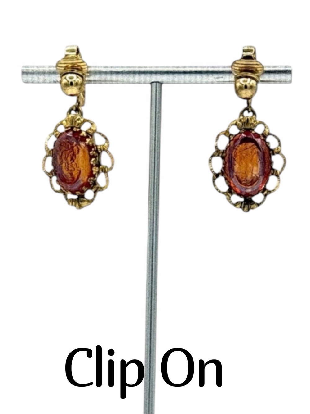 Vintage Tudor Revival Style Amber Glass Cameo Clip-On Dangle Gold Tone Earrings